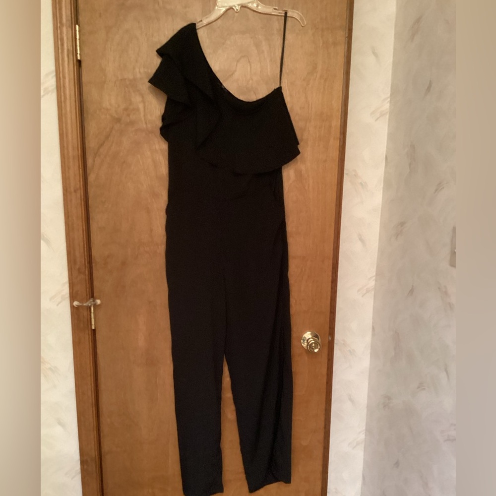 Walter Baker, M, Black One-Shoulder Ruffle Jumpsuit